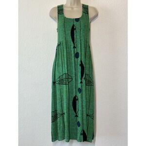 Serengeti Crinkle Gauze Midi Dress Size PS Green Fish Smocked Sleeveless Resort
